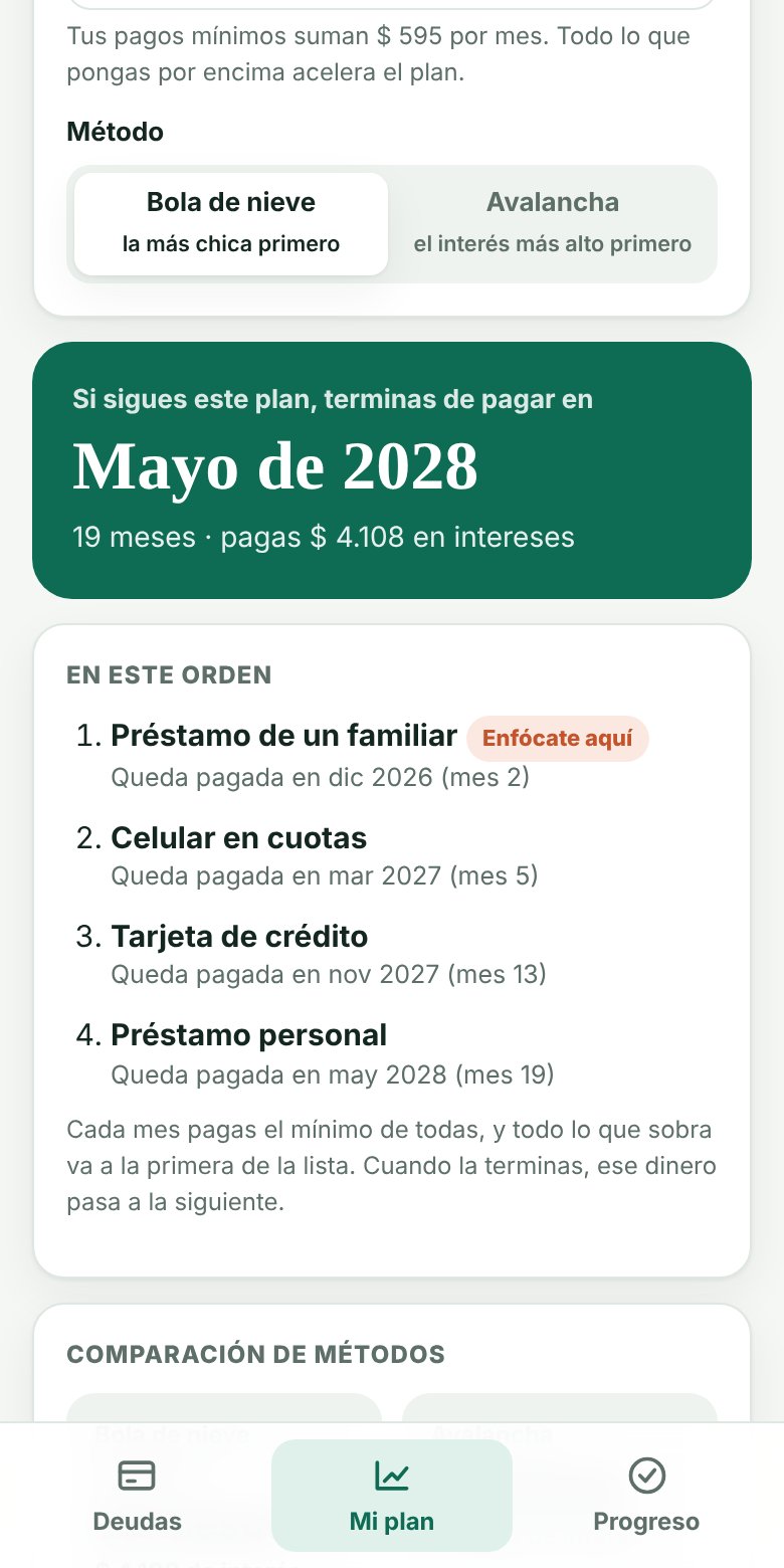 Pantalla de Plan Sin Deudas mostrando la fecha libre de deudas y el orden de pago
